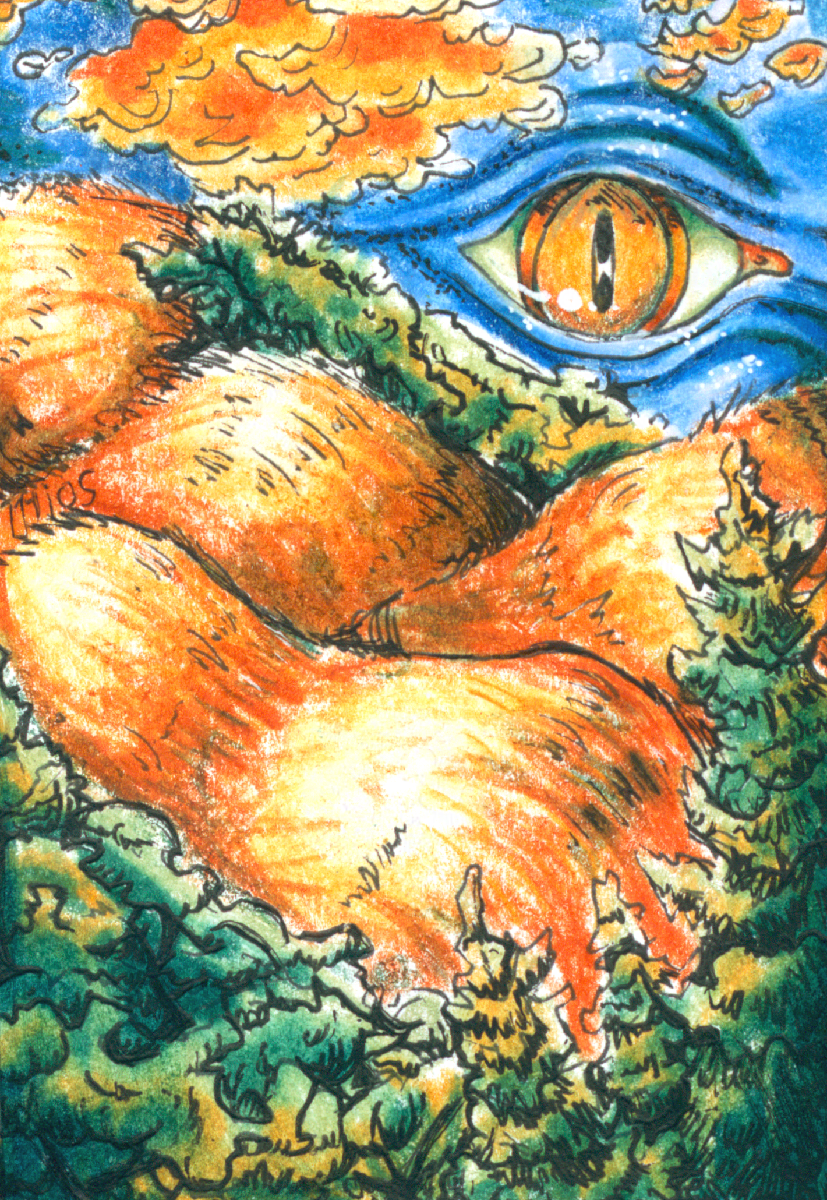 a piece in colored pencil, depicting a landscape of orange hills and green forests. the sky is blue, and a single eye pierces through the clouds.